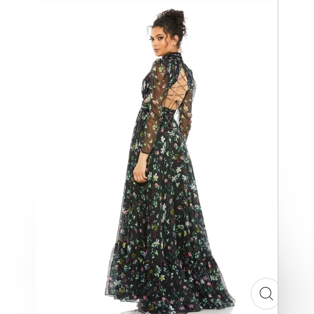 MAC DUGGAL Floral Chiffon Cutout Long Sleeve Gown in Black Floral Size US 10